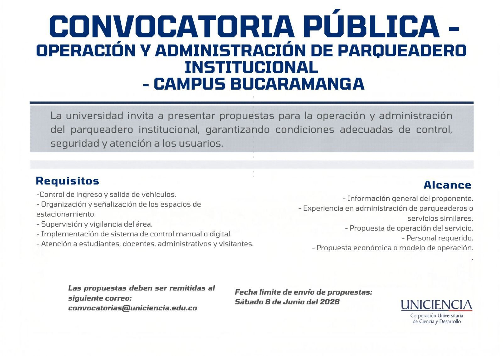 Convocatoria operación y administración de parqueadero Institucional - Mayo 2026