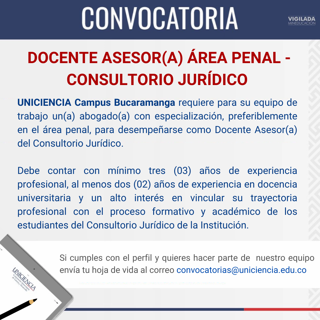 Convocatoria Docente Asesor(a) Área Penal - Consultorio Jurídico - Bucaramanga Febrero 2026